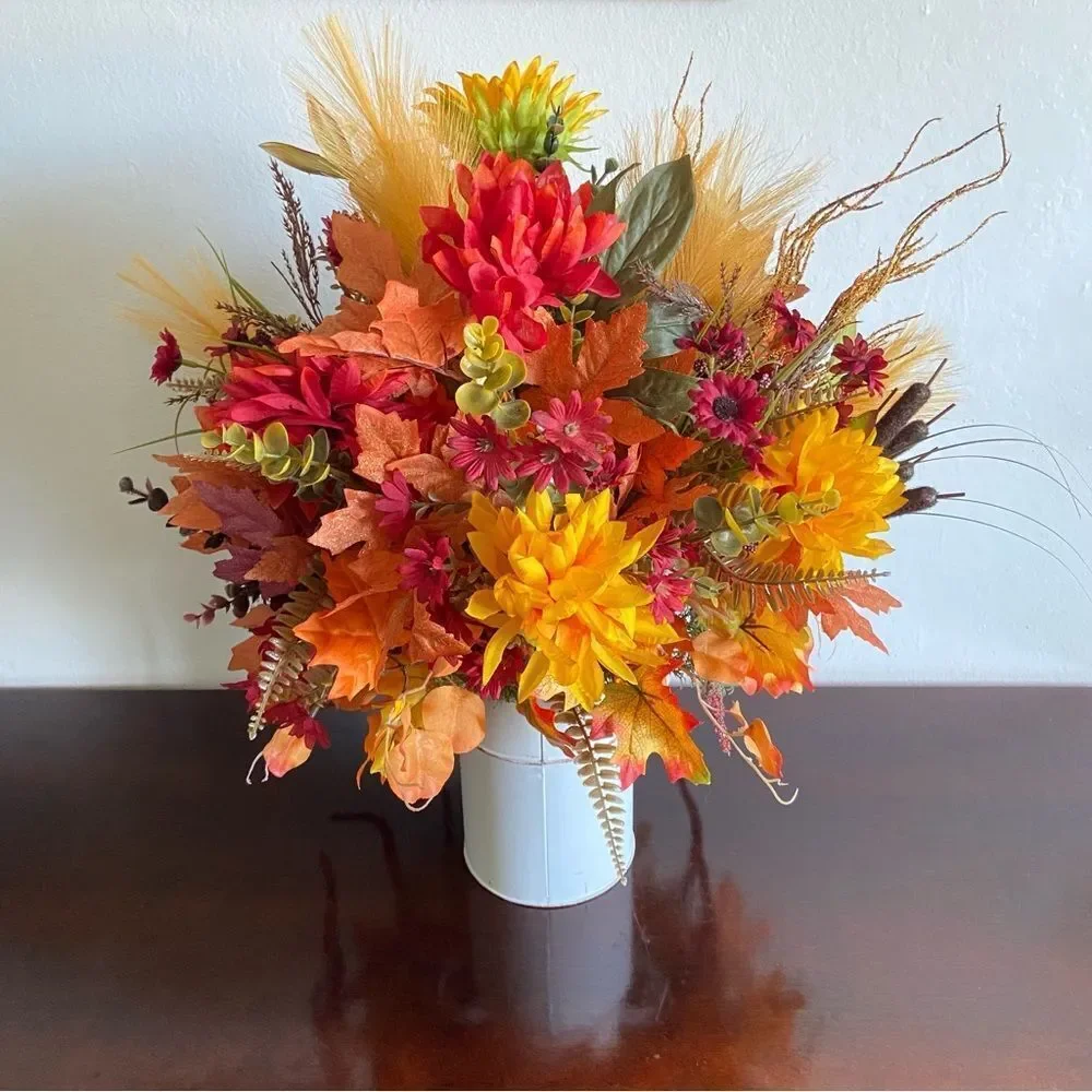 Faux Floral Bouquet in White Jar With Sunflowers/Peonies